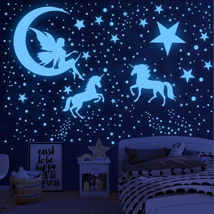 915 Licorne Etoiles Phosphorescentes Plafond Lune et Etoiles Lumineuses Autocollants Stickers Muraux Enfants Etoile Fluorescente p