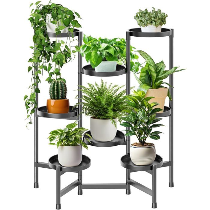 Porte plante étagère 8 niveaux métal noir - support pliable antidérapant pour intérieur et extérieur