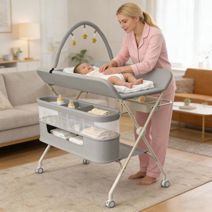 OHMG-Table À Langer-Portable Et Pliable+Soulevable-Pont En Arche De Jouets-Panier De Rangement À Double Couche-75*68*83-91cm-Gris