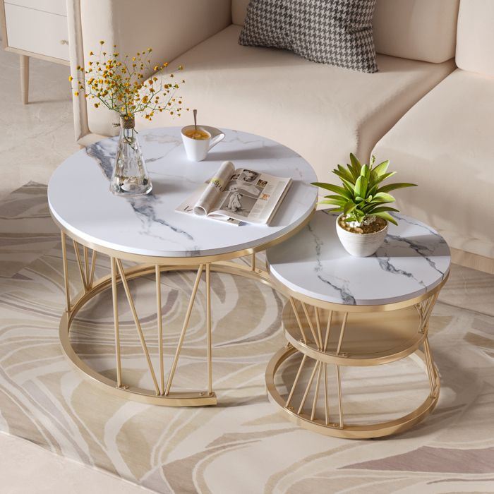 Table basse gigogne ronde plateau effet marbre blanc structure métallique dorée forme V étagère de rangement pour salon