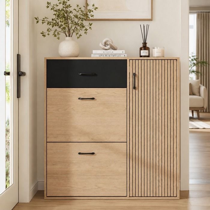 Meuble Chaussure Entrée Armoire à Chaussures Rangement avec 2 Portes Abattantes Étagères et Tiroir 100x35x106cm