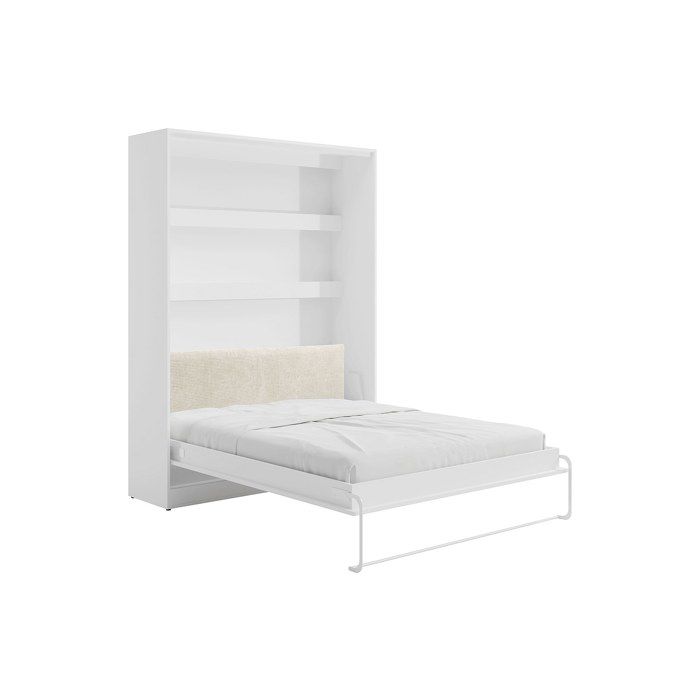 Lit escamotable 160 x 200 cm avec tête de lit en velours côtelé - Ouverture verticale manuelle - Avec LEDs - Blanc - RAPILI