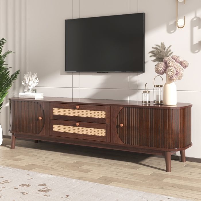 Meuble TV en Rotin 2 Portes 2 Tiroirs Banc TV 170cm avec Rangement Fermé MDF Salon 170 x 39 5 x 46cm Marron