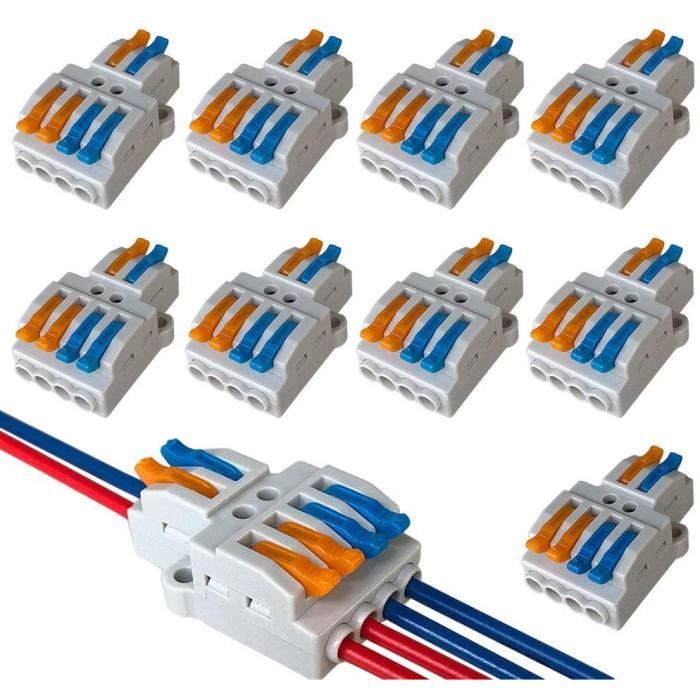 9 Pièces Connecteur électrique 2 en 4 sorties, Rapide Connecteur de Fil de Conducteur Compact Ressort Bornier avec Levier Ecrou