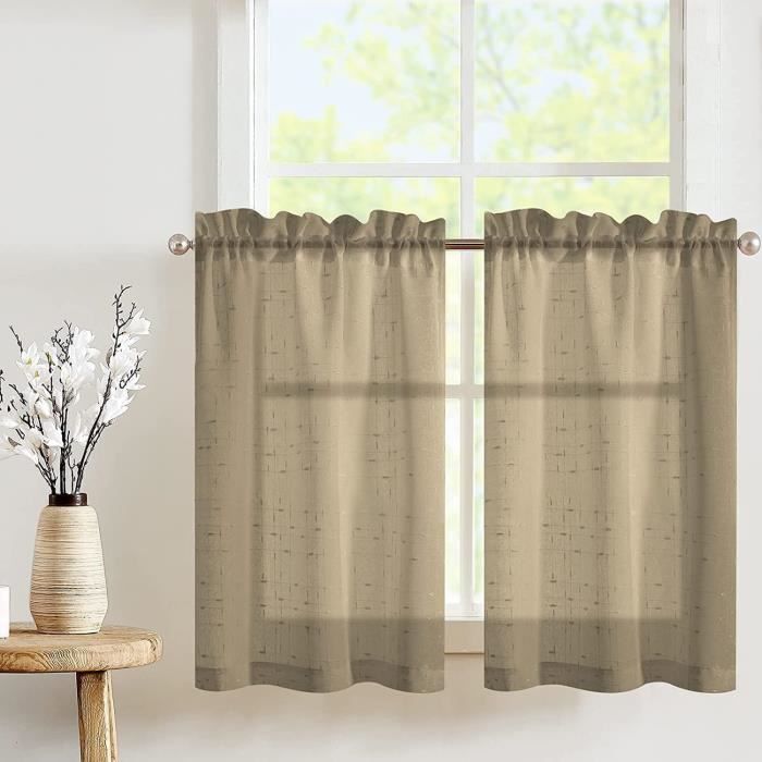 Rideau De Cuisine Court (150x45 Cm) - Coton-lin Beige, Semi-transparent, Style Rétro, Installation Facile