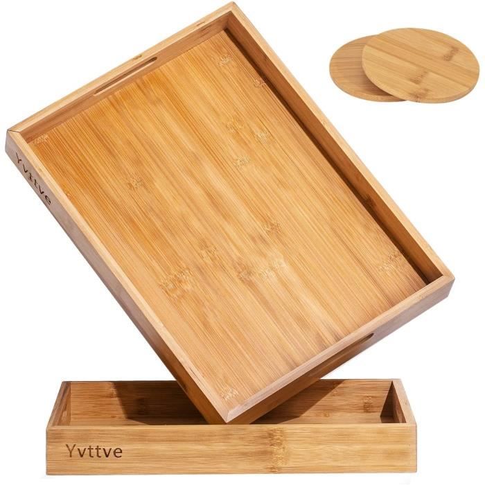 Plateau Petit Déjeuner Bambou 40x28cm - Avec Poignées Et 2 Dessous De Verre - Naturel Et Écologique