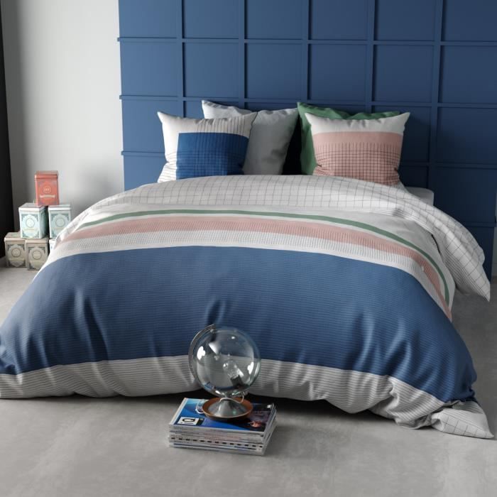 PROMO LINGE Parure de lit - Housse De R&ecirc;ve - R&eacute;versible 100% coton - Vert - 220x240 cm 