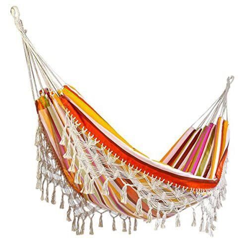 Hamac Double Mondeer Avec Support Réglable - Style Bohème, Franges Beige - Pour Jardin Et Terrasse