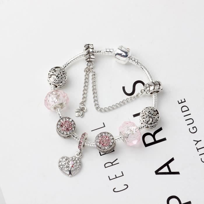 Bracelet Pandora Charmes Arbre de Vie Argent Sterling 925 Perles  Murano Bleu Taille 18-21 cm