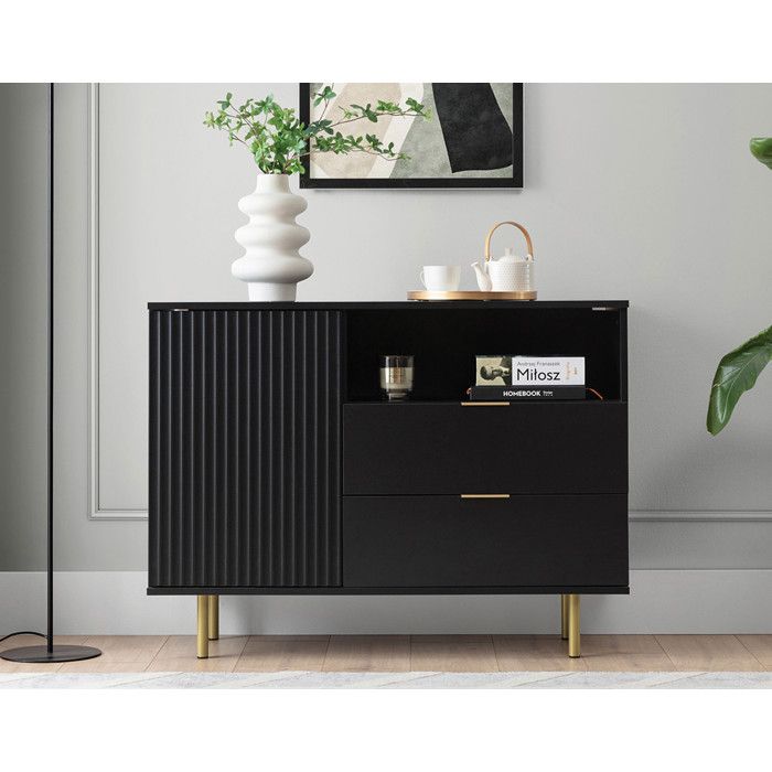 Monica - buffet - noir - 2 tiroirs 1 porte et 1 niche - 107 cm - Noir