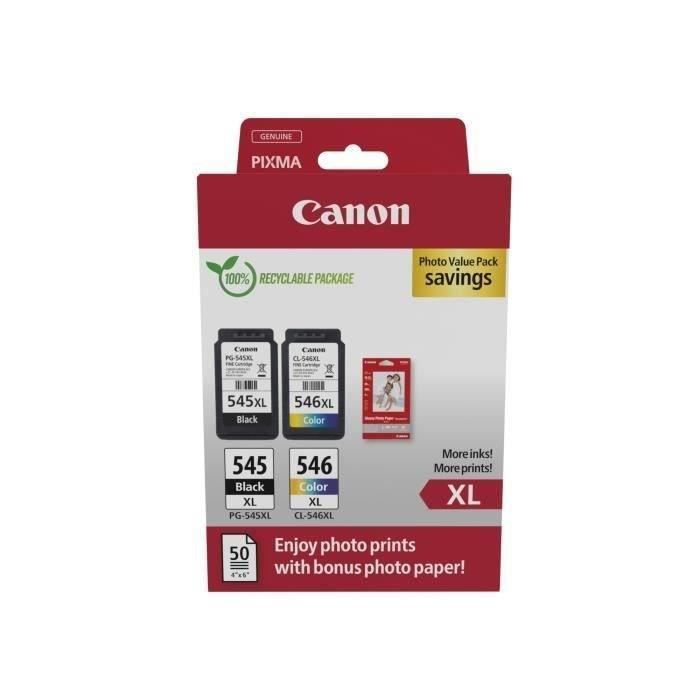 Pack de 2 cartouches dencre + pack papiers photo - CANON - PG-545XL Noir + CL-546XL Couleur - Haut rendement