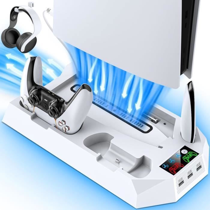 PS5 Support Ventilateur de Refroidissement Double Chargeur Manette PS5 avec Indicateur LED 3 Vitesses et 3 Port Usb