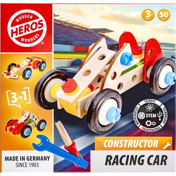 HEROS Constructor Voiture de course à construire En bois 100 % certifié FSC® 50 pièces Dès