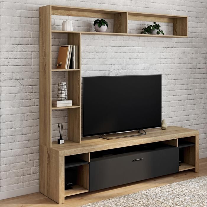 Meuble TV MALO 180 Cm - Design Bois Et Noir - 2 Placards + 4 Niches - Plateau Pour écran Jusqu'à 70 Pouces - À Monter Soi-même - 4