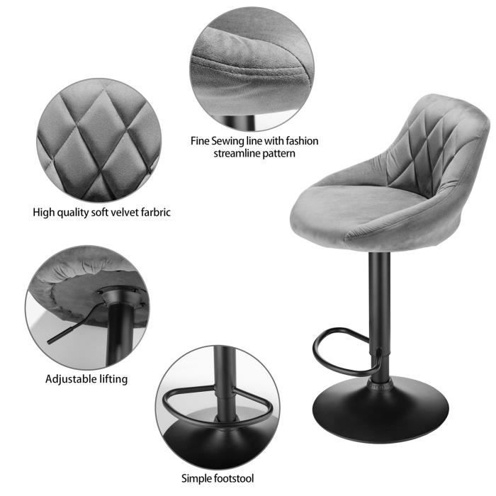 Lot de 2 Tabourets de Bar KEDIA en velours gris clair - Réglage en Hauteur - Rotatif à 360 Degrées