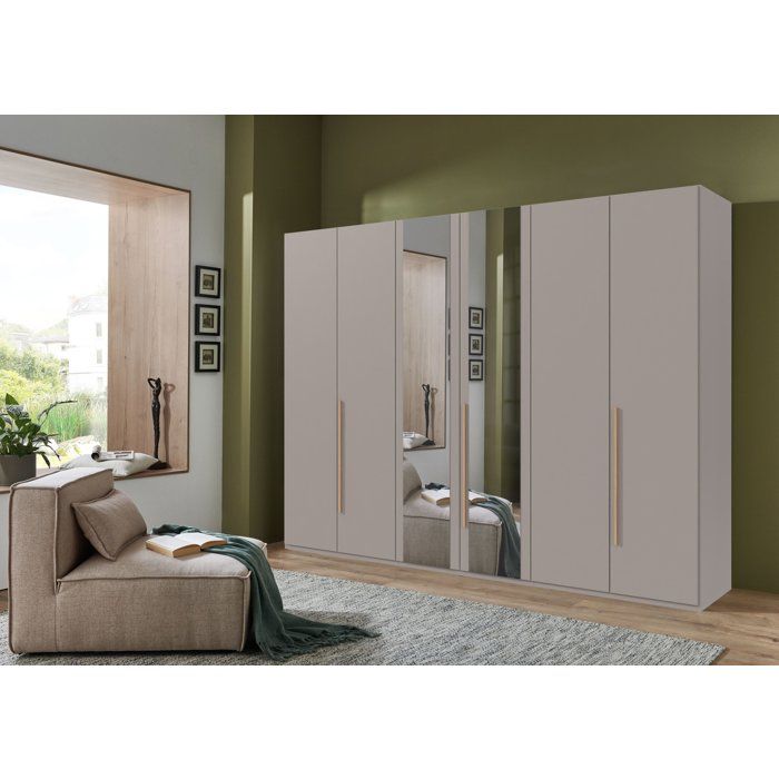 Armoire de chambre - LONDON - Couleur Gris Sahara - 6 portes battantes - 2 miroirs - 3 tiroirs - L270 x P58 x H208 cm