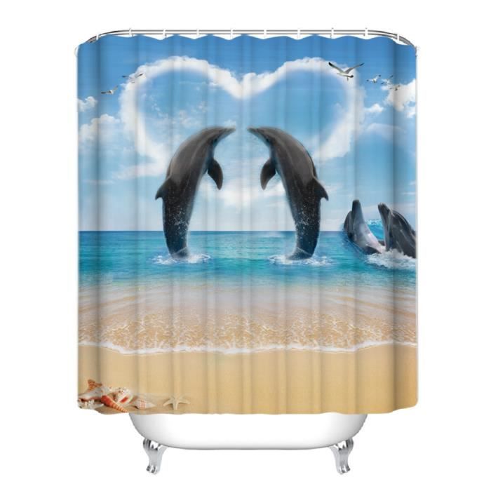 Les dauphins de la Mer Plage Ciel Bleu Nuages Blancs Bain Tissu rideau de douche 71 in environ 180.34 cm 