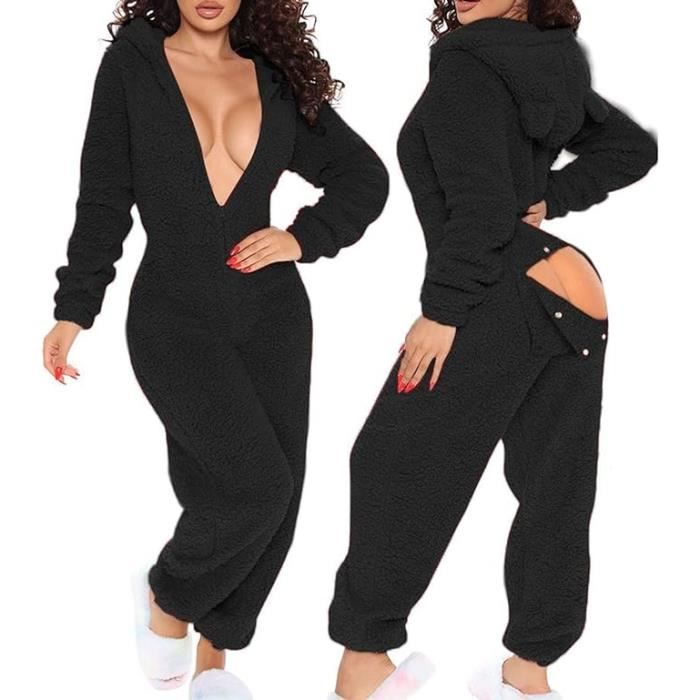 Combinaison en polaire pour femme avec ouverture rabattable, Pyjama à  capuche moelleux, Pyjama une pièce en flanelle Noir - Cdiscount  Prêt-à-Porter