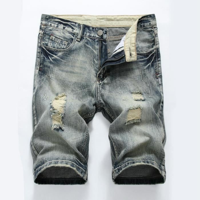 Short Jean Déchiré Pour Homme - Style Baggy Vintage, Coupe Droite Et Confortable, Idéal Pour L'été - 2