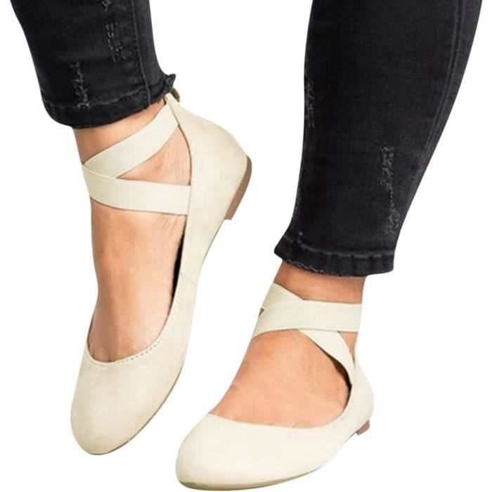 Ballerine Femme Marque Bout Rond Sangle de Cheville Confortable Ete Plate Beige Cdiscount Chaussures