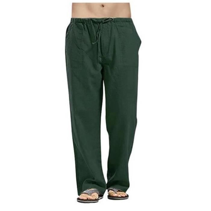 Pantalon Large Homme Coton Lin - Pantalon Yoga Grande Taille Taille Élastique Respirant Ample