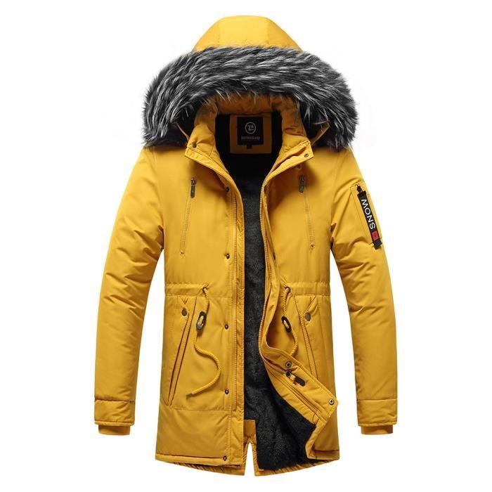 Parka Hiver Homme à Capuche Fausse Fourrure Veste Chaude Epaisse Mi-longue  Couleur Unie Automne-Hiver