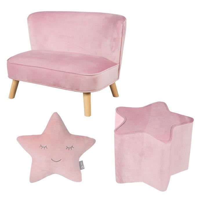 ROBA Canapé et Pouf Enfant Lil Sofa + Coussin Décoratif Étoile - Ensemble en Velours - Rose/mauve