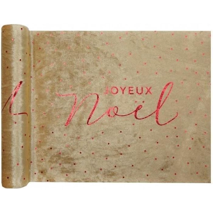 Chemin de table Joyeux Noël en velours doré or et rouge 28cm x 3m (x1) REF/7129