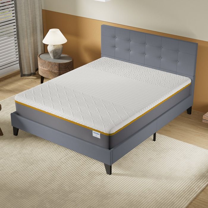 Ensemble MATELAS + LIT (140x200cm)- YPSILON (FERME) 28cm Latex Naturel & Mémoire de Forme + Sommier & tête de lit revêtement Gris