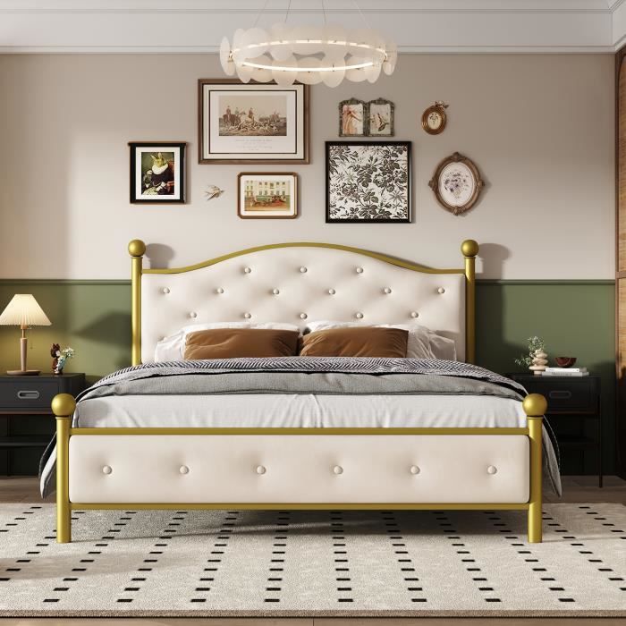 lit moderne en métal cadre de lit avec tête de lit chambre à coucher 140x200 cm doré