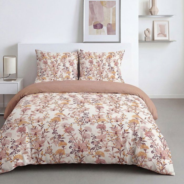 Parure de Lit - 240 x 220 cm - Coton Imprimé Motif Floral Rose - TODAY SUNSHINE