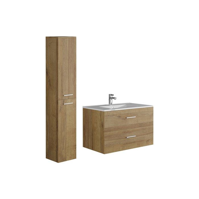 Meuble de salle de bain suspendu simple vasque avec colonne de rangement - Coloris naturel clair - 80 cm - KAYLA