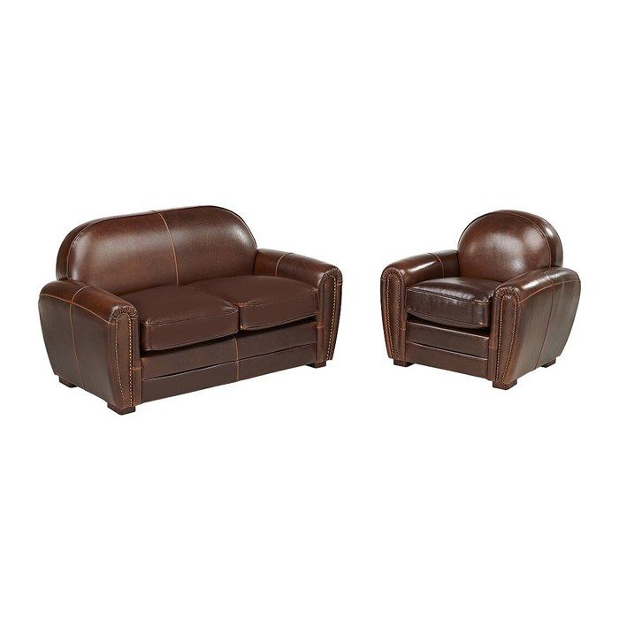 Canapé et fauteuil club BAUDOIN 100% cuir vieilli - Marron