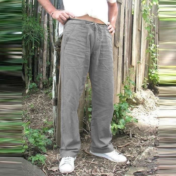 Noir Taille XL Pantalon Vintage en coton et lin pour homme Baggy