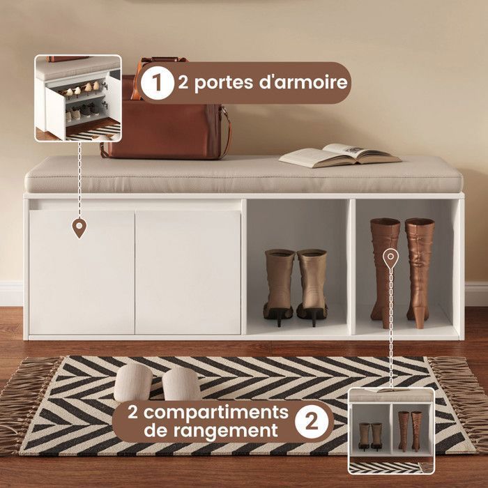 Mondeer Banc à Chaussures avec Coussin, Étagère à Chaussures avec Rangement Hauteur D'étagère Réglable Style Industriel Pour Entrée Couloir Chambre, 96 x 30 x 50 cm, Marron Rustique et Noir