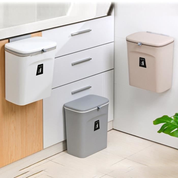 Poubelle Suspendue 7L Avec Couvercle - Blanche/Verte, Pour Cuisine, Salle De Bain, Camping-car - Gain De Place Murale Ou Armoire - 10