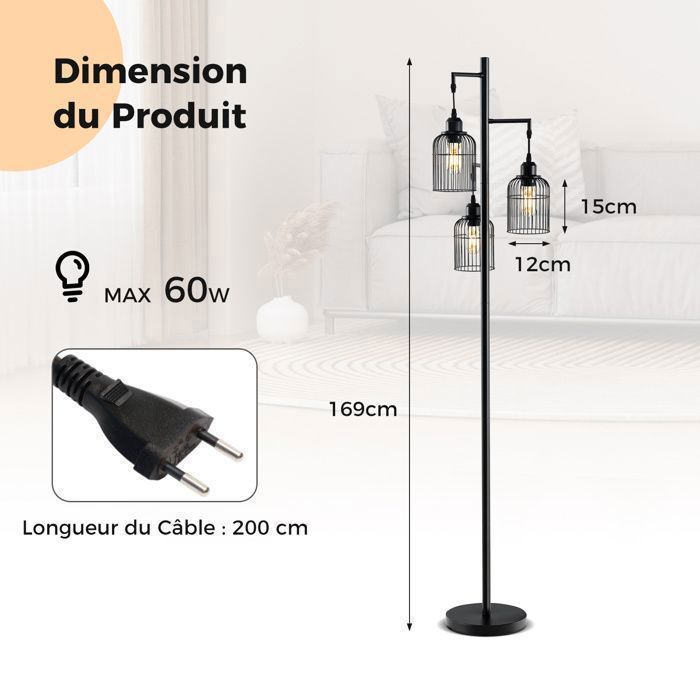Lampadaire 3 Ampoules COSTWAY - Abat-jours Orientables 360°, Interrupteurs Individuels, Pied Métal Argenté - Pour Salon/chambre