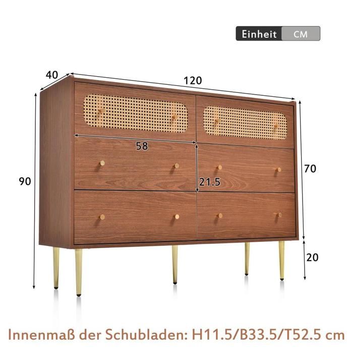 Redom – Commode buffet 6 tiroirs 120x40x76 cm en chêne foncé – Rangement spacieux pour vêtements et linge – Convient à chambres et salons