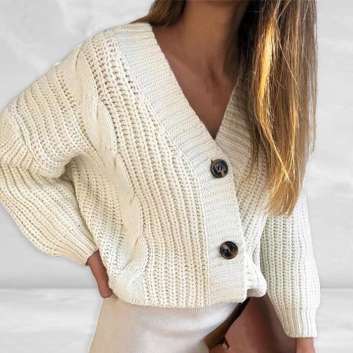 Cardigan court pour femme motif torsade et elegant pull a manches longues a simple boutonnage et a fil epais Beige Cdiscount Pret a Porter