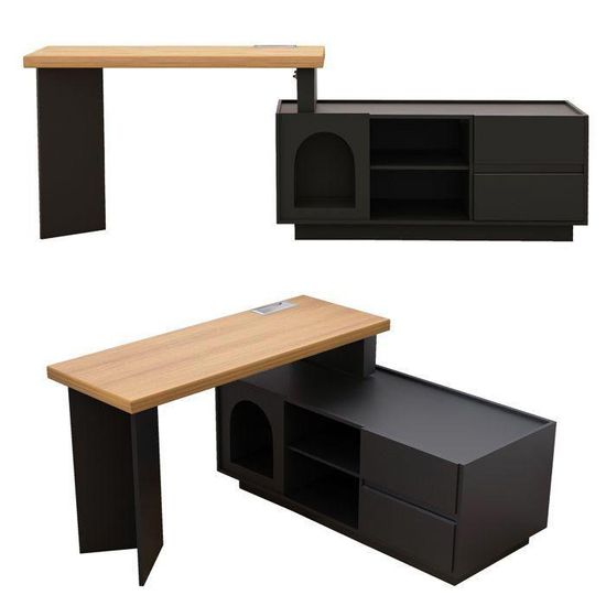 Bureau D'angle Avec Espace Pour Chat - 120x50 Cm, Plateau Robuste, 2 Tiroirs Et étagères, Niche Intégrée (noir)