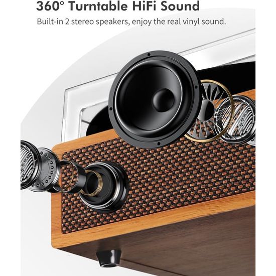 Platine Vinyle Bluetooth Regevo - Haut-Parleurs Intégrés, USB, 3 Vitesses (33/45/78) - Design Bois Rétro