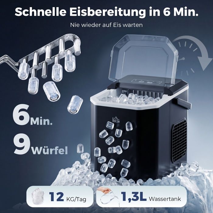 HOMCOM Machine à Glaçons 12 Kg/24h – 9 Glaçons En 6-13 Min, Autonettoyante, Portable Avec Panier & Pelle, Noir