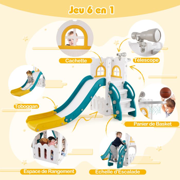 Toboggan 5 en 1 - avec escalier, balançoire, espace de rangement, panier de basket - jaune clair Toboggan 5 en 1 - avec escalier, balançoire, espace de rangement, panier de basket - jaune clair