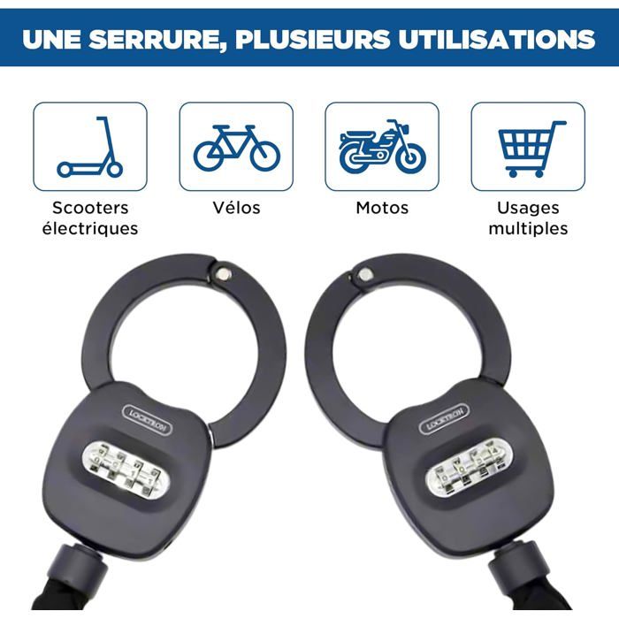 Antivol Locktron En Menottes – Code 4 Chiffres, Acier 2,1kg, Câble 96cm, Étui Inclus, Pour Trottinette/Vélo
