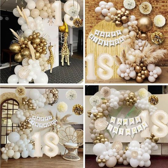 Déco Anniversaire 18 Ans Blanc Or - Kit Complet Avec Bannière, Ballons Numéro 18 Et Fanions - Fête Garçon Fille