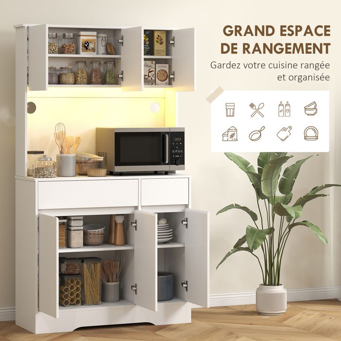 Buffet cuisine lumière LED RGB plan de travail bois d'ingénierie blanc Homcom | Maisons du Monde