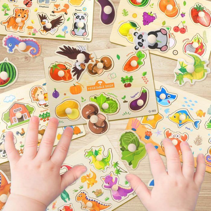Lot De 6 Puzzles En Bois Avec Poignée – Ferme, Océan, Fruits, Véhicules, Insectes, Animaux – Montessori, Dès 3 Ans, Idéal Pour L'apprentissage