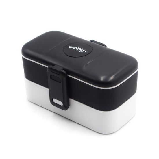 Atthys Lunch Box Noir | Boite Bento Design avec 2 Couverts en Inox | Bento Box 2 Compartiments Hermétiques 1200 ML