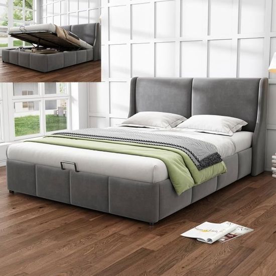 Lit Coffre 140x190cm Avec Sommier Relevable Hydraulique, 2 Tiroirs & Ports USB - Tête De Lit LED - LONELYO - 8