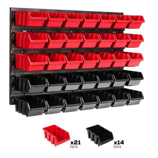 Système de rangement 58 x 39 cm a suspendre 35 boites bacs a bec XS rouge et noir boites de rangement